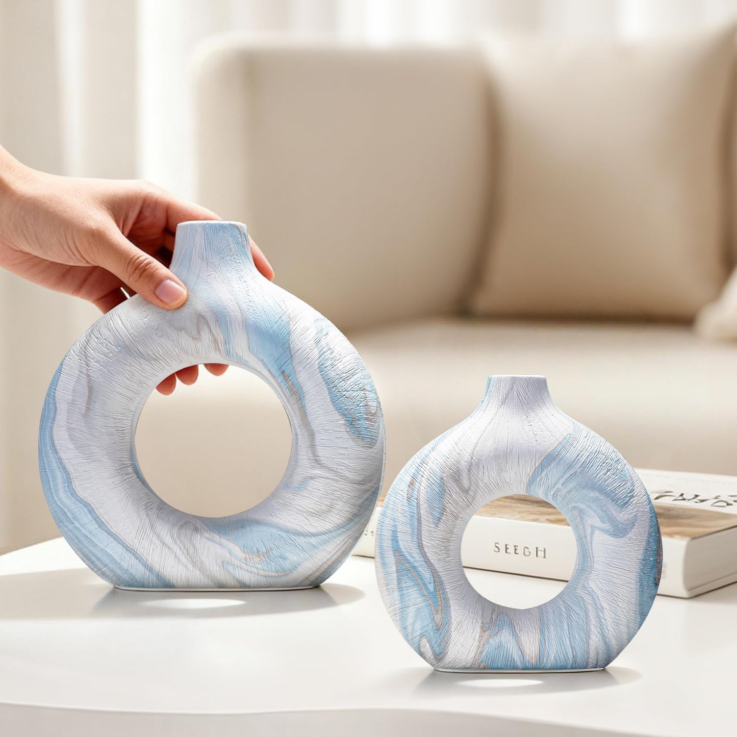 Ceramic Donut Vase Set of 2, Light Blue & White Ring Centerpiece for Pampas Grass, Modern Boho Hugging Snuggle Design, Small Blue Flower Holder for Shelf, Mantel, Wedding Table Decor（8.07"H & 6.3"H）