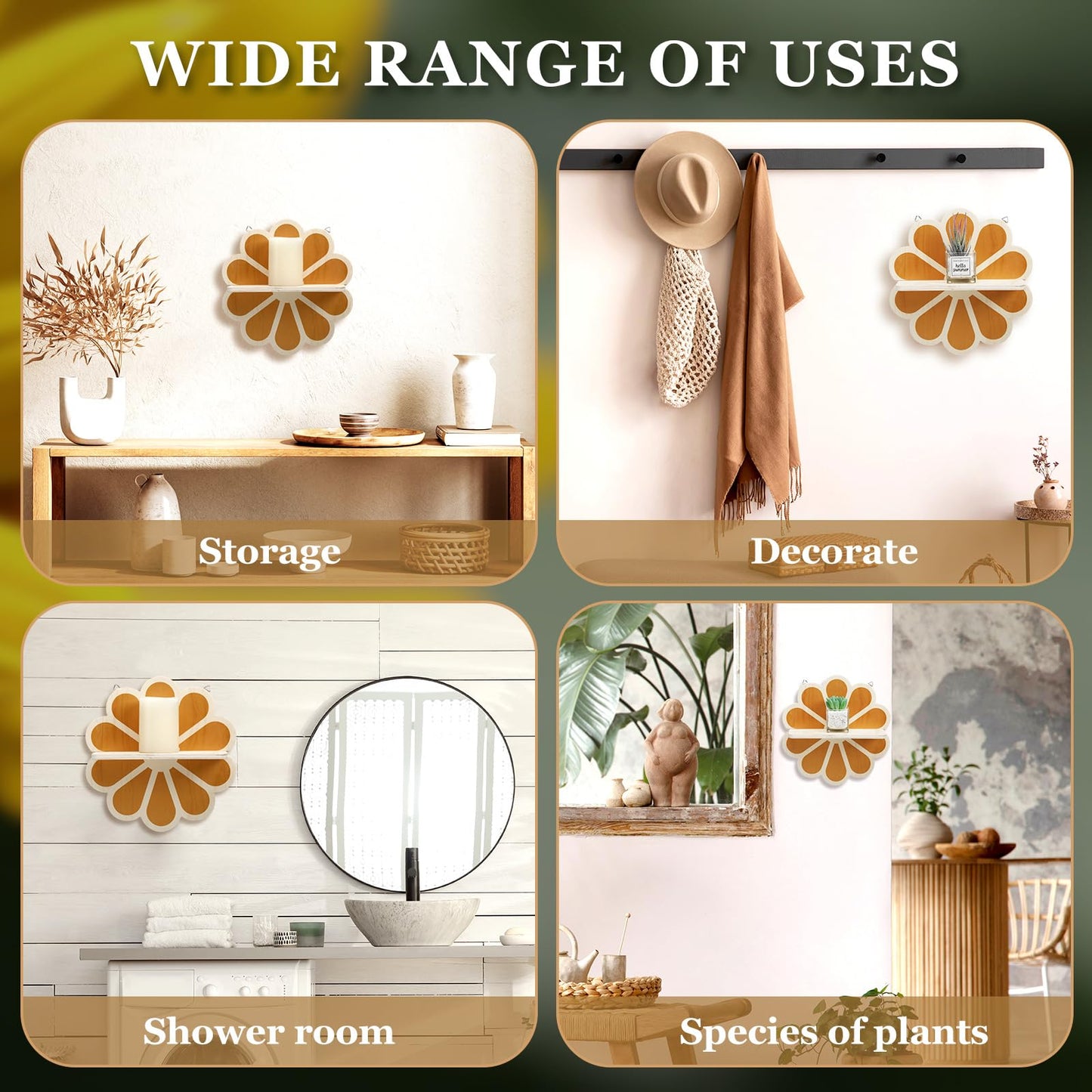 Tatuo 2 Pieces Boho Wooden Flower Wall Shelves Bohemian Holders Hanging Shelf for Living Room Bathroom Bedroom Office Nursery Wall Decor
