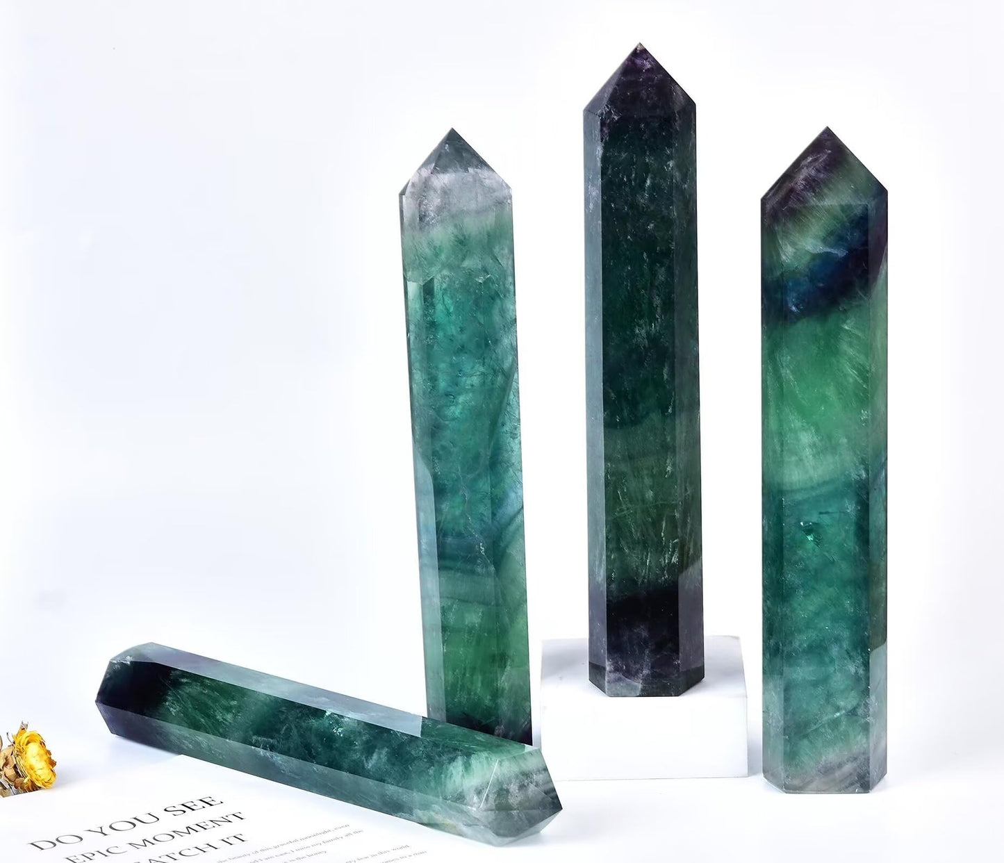 AMOYSTONE Extra Large Healing Crystal Obelisk Towers Green Purple Fluorite Point Wand Home Decor Reiki Healing 2.2-2.6LBS