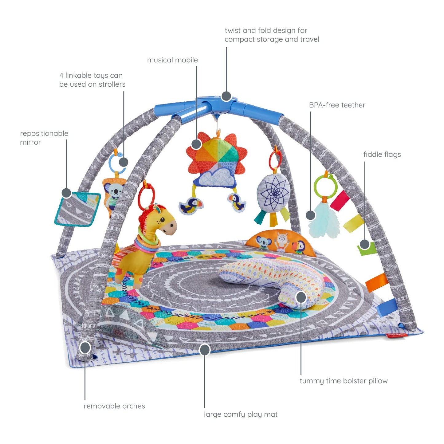 Infantino 4-in-1 Twist & Fold Musical Mobile Gym - Includes Linkable Toys, Repositionable Mirror, Feather Teether, On-The-Go Activities, Boho Styled Play Mat for Infants and Toddlers 0M+