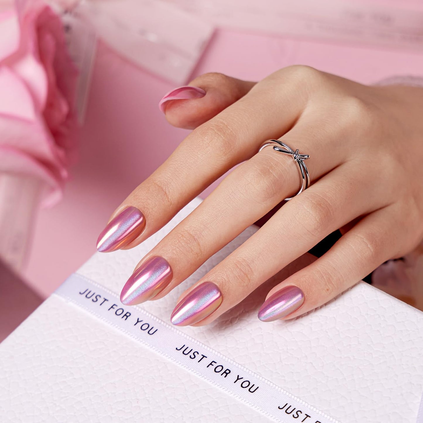 Press on Nails - Short Almond Pink Chrome Cat Eye Nails & Blue Cat Eye - 2 Reusable Nails Kit (Nourishment Nails & Mini Pack) - 16 Sizes