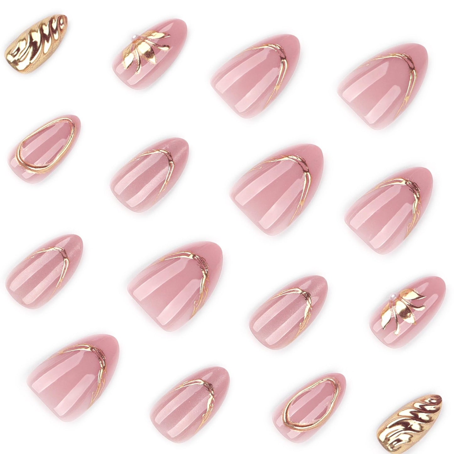 CTTHNBD Short Press on Nails Almond - Pink Fake Nails with Gold Line Design - Glossy Full Cover Stick on False Nails for Women 24 Pcs