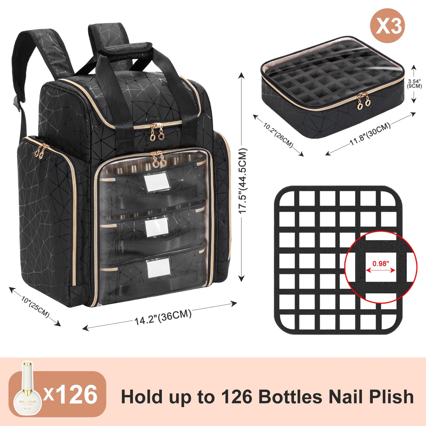 Uross Extra Large Nail Polish Organizer Bag Holds 126 Bottles Nail Polish, Lamp, Supplies- Three Layer Nail Organizers and Storage Case for Nail Tech, Nail Stuff Gel Kit Box Gift for Manicurist,Black