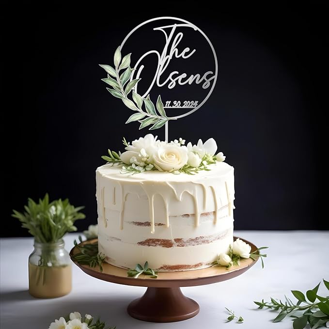 Personalized Wedding Cake Topper with Custom Bride & Groom's Last Name and Wedding Date Round Cake Decoration with Green Leaves