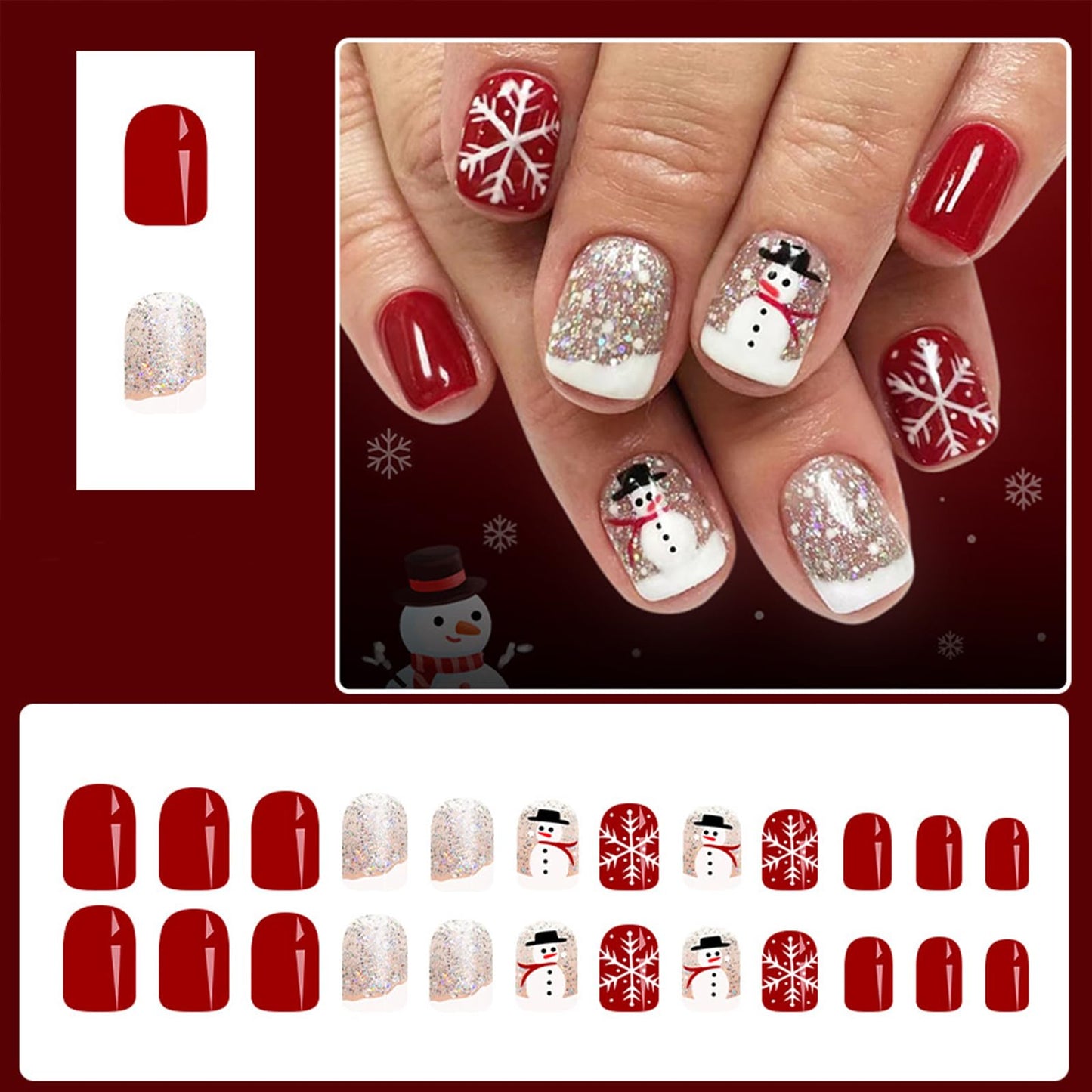 Christmas Press on Nails Short Square Fake Nails with White Snowflake Snowman Design Silver Glitter Xmas Red Full Cover Glossy False Nails Press ons Glue on Nails for Girls 24Pcs