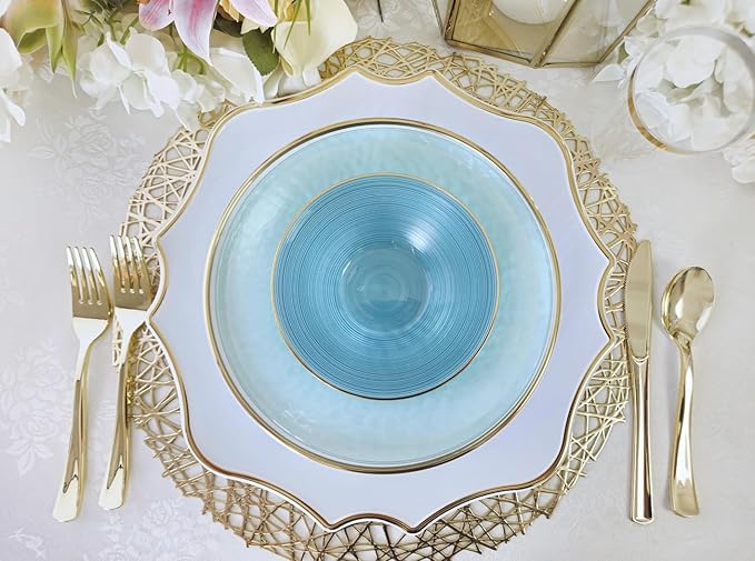 " OCCASIONS " 10 Pieces 13.25'' Scalloped Disposable/Reusable Plastic Charger Plates for Wedding, (Scalloped Imperial Blue & Gold)