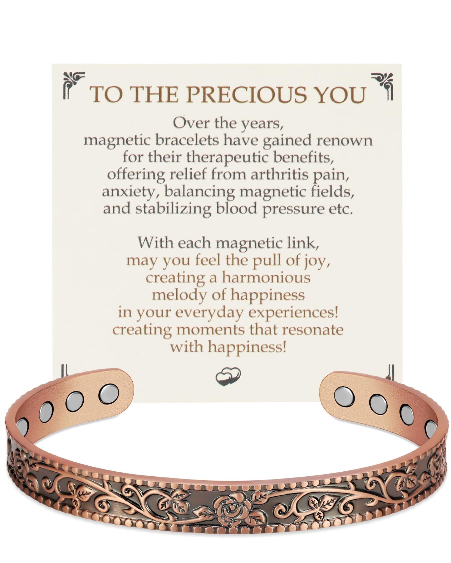 Feraco Pure Copper Bracelets for Women, 12X Enhanced Strength Magnetic Cuff Bangle for Women, 3800 Gauss Neodymium Magnets, Adjustable (Rosevine)