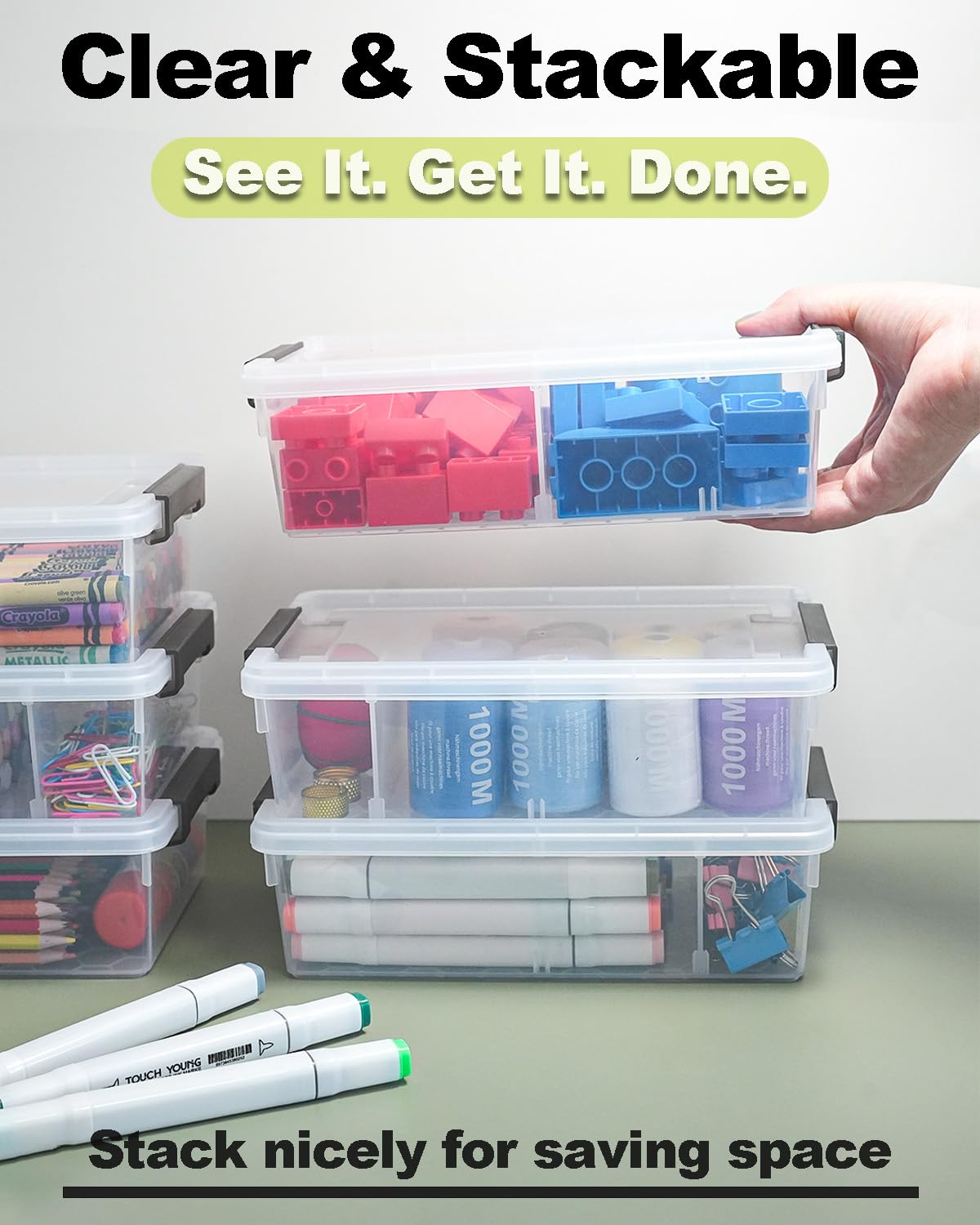 GEOPHIA 6 Pack Extra Large Pencil Box with Removable Divider, Thickened Pencil Case Bulk, Clear Crayon Marker Organizer Stackable Plastic Small Storage Containers for Pen Craft School Supplies (Multi)