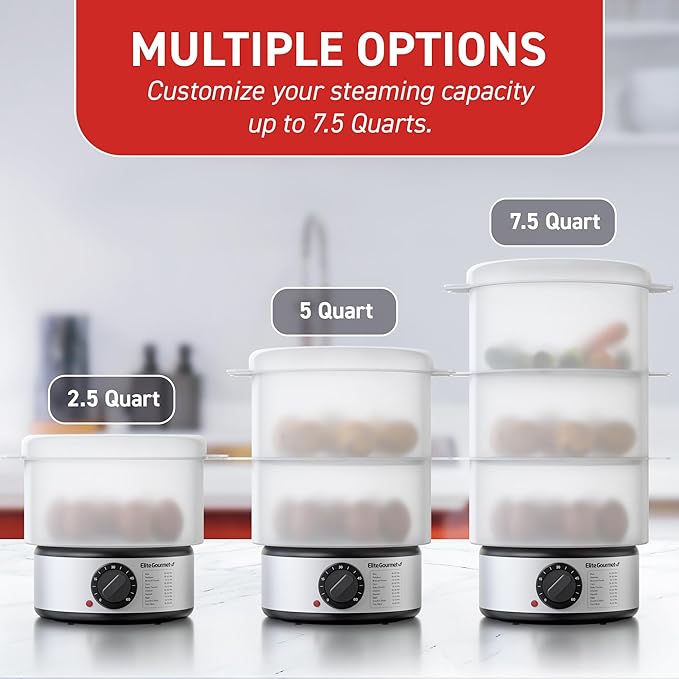 Elite Gourmet EST750 7.5 Quart, 3-tier, Electric Food Vegetable Steamer with BPA-Free Steamer Tray, Auto Shut-off 60-min Timer, 400W, Stainless Steel