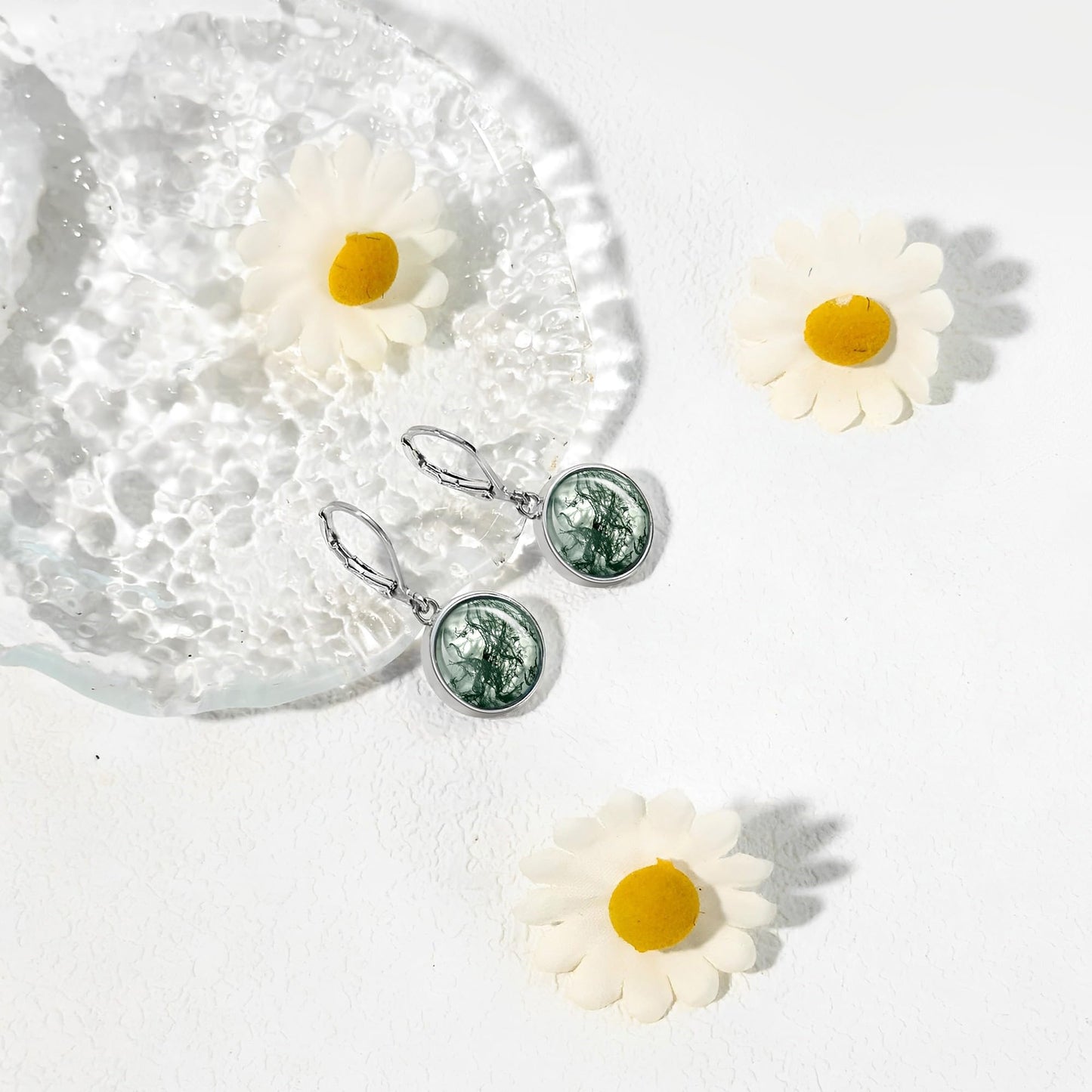 TALYKONG Moss Agate Earrings - Round Moss Agate Dangle Leverback Earrings for Women