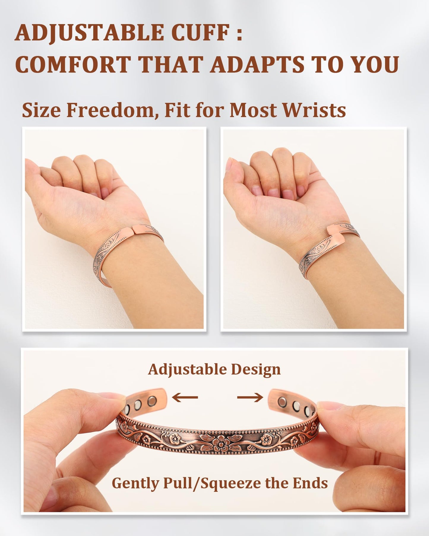 BioMag Magnetic Copper Bracelet & Lymphatic Drainage Ring for Women, 99.99% Pure Copper Magnetic Cuff Bangle with 11 Pcs 3500 Gauss Magnets, Adjustable Size, Floral Vine Pattern