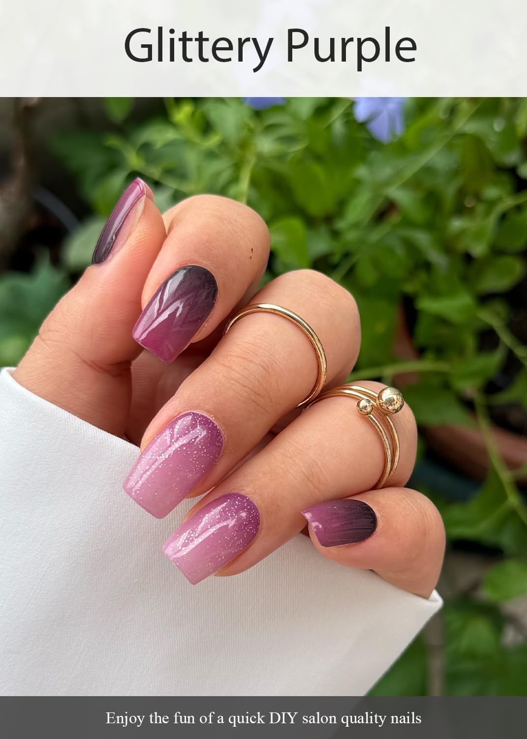 AutyaMee Semi Cured Gel Nail Strips (Glittery Purple), 20 Pcs Omber Gel Nail Wraps, Stickers, UV Light Required, Salon Quality