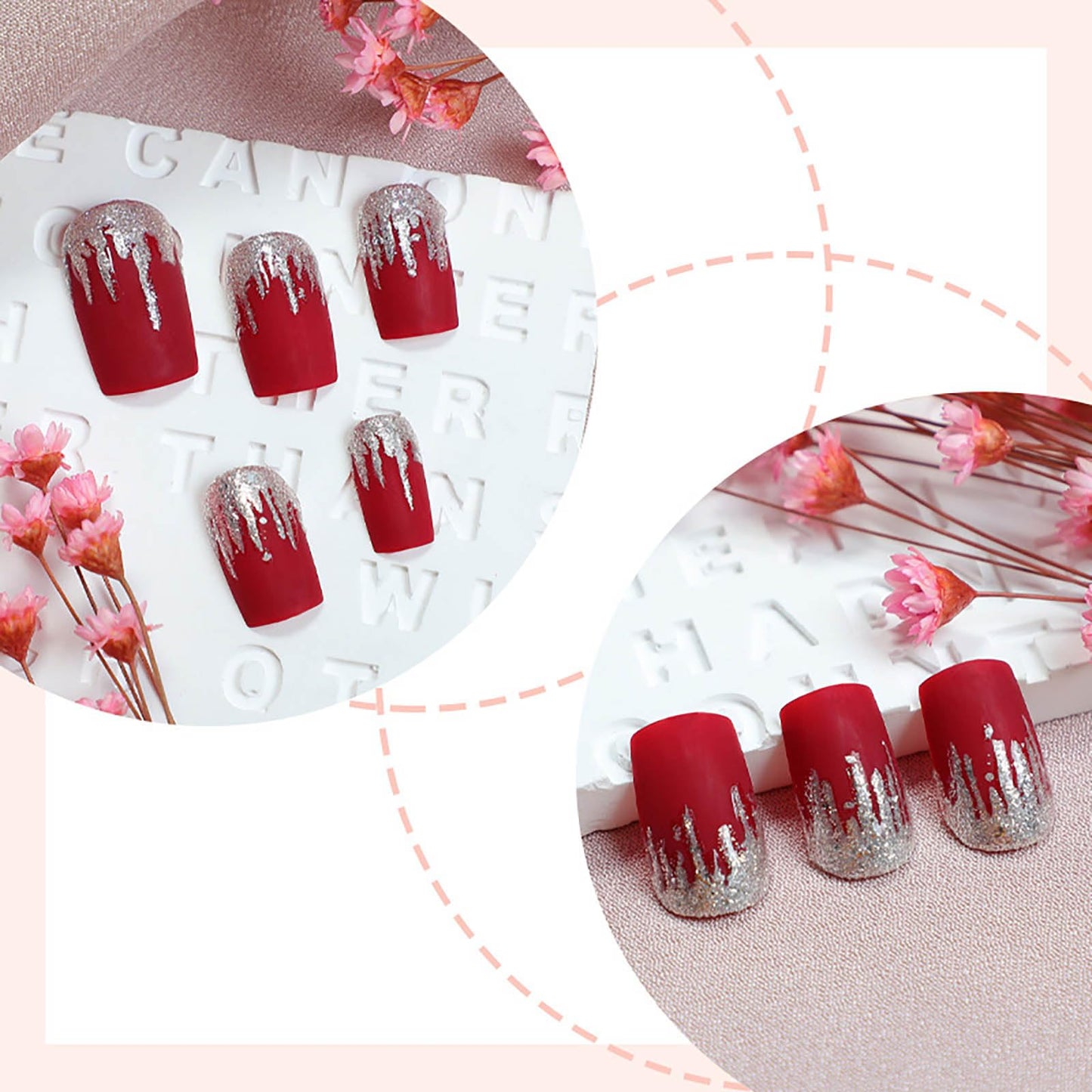 Rilafuvu Wine Red Press on Nails Medium Square Fake Nails Red Full Cover Acrylic False Nails with Design Glue on Nail Glitter Silver Nails Press ons Artificial Stick on Nail for Women 24Pcs