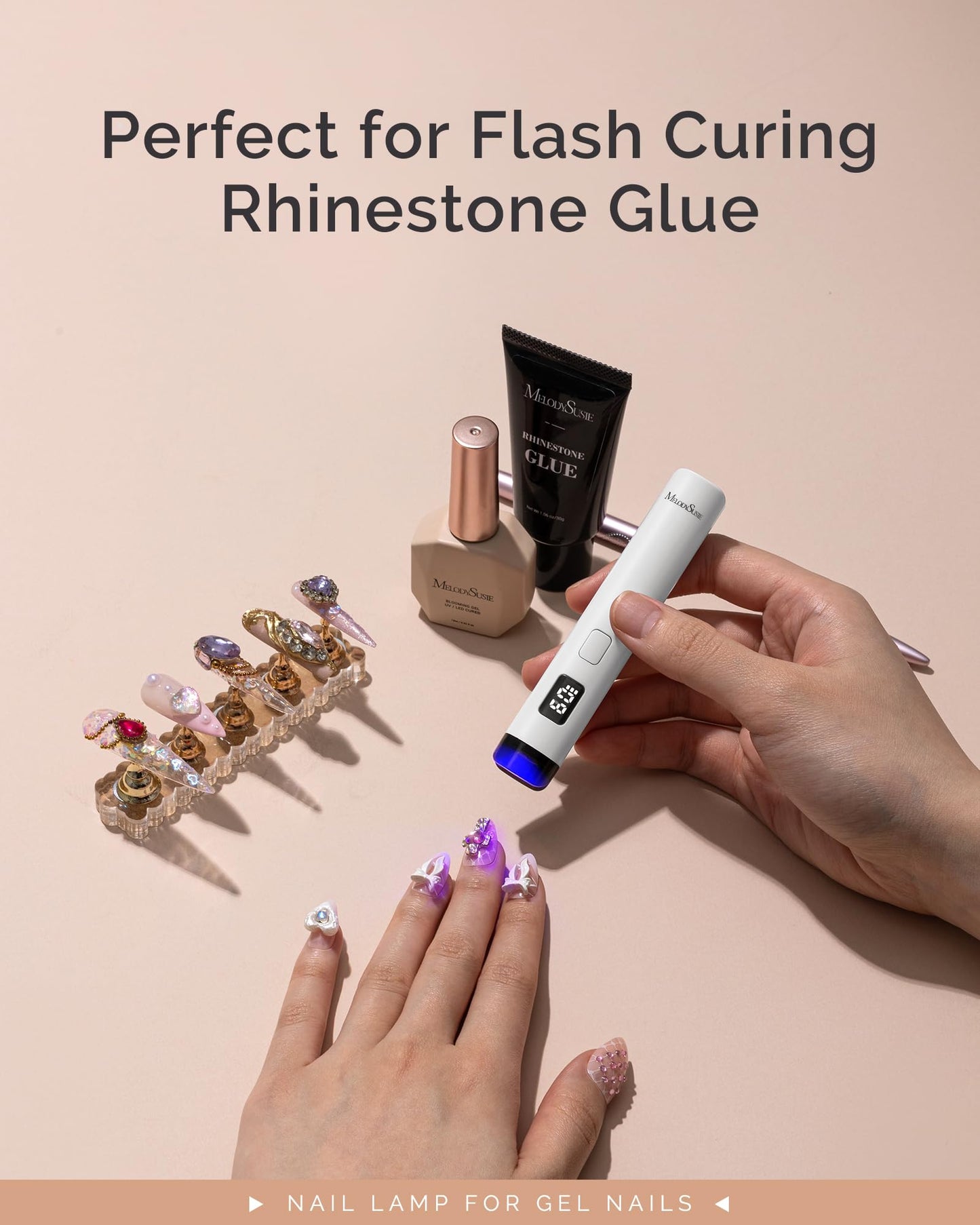 MelodySusie Handheld Cordless UV Nail Lamp with LCD Display & Eye-Protection Cover, P-Art01R Rechargeable Mini UV LED Light Flash Cures All Soft Gels, Especially Rhinestone Glue & Liner Gel White