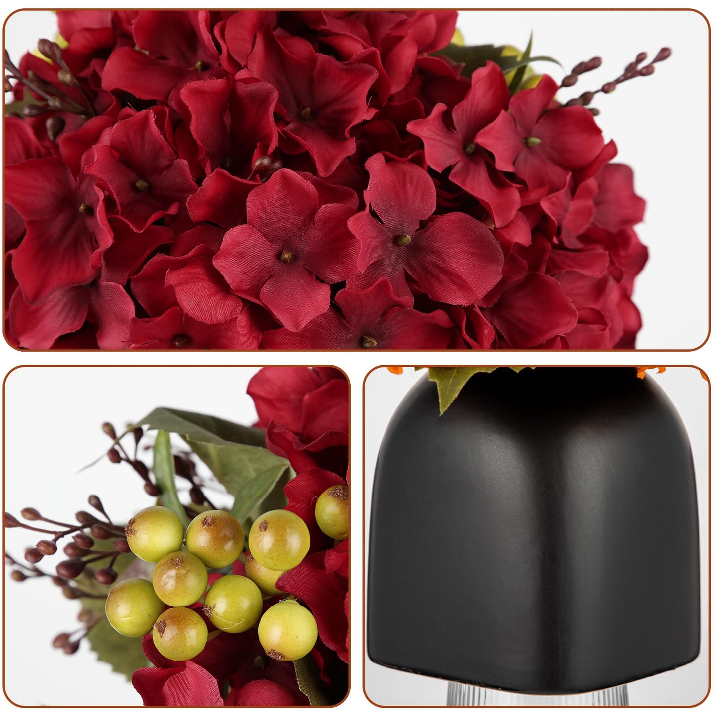Briful Hydrangea Artificial Flowers in Ceramic Black Vase, Burgundy Silk Hydrangea Centerpieces for Tables, Realistic Dining Table Vase with Flowers for Farmhouse Home Decor Indoor