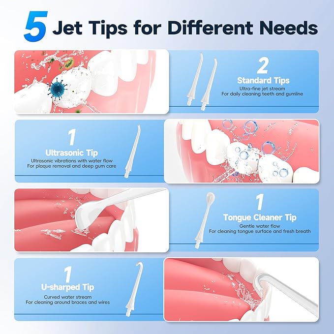 Mornwell Water Dental Flosser Cordless for Teeth Cleaning, 5 Modes Waterproof Oral Irrigator, 300ML Rechargeable Gum Braces Flossers Cleaner, Portable Electric Flossing Machine for Travel Home (White)