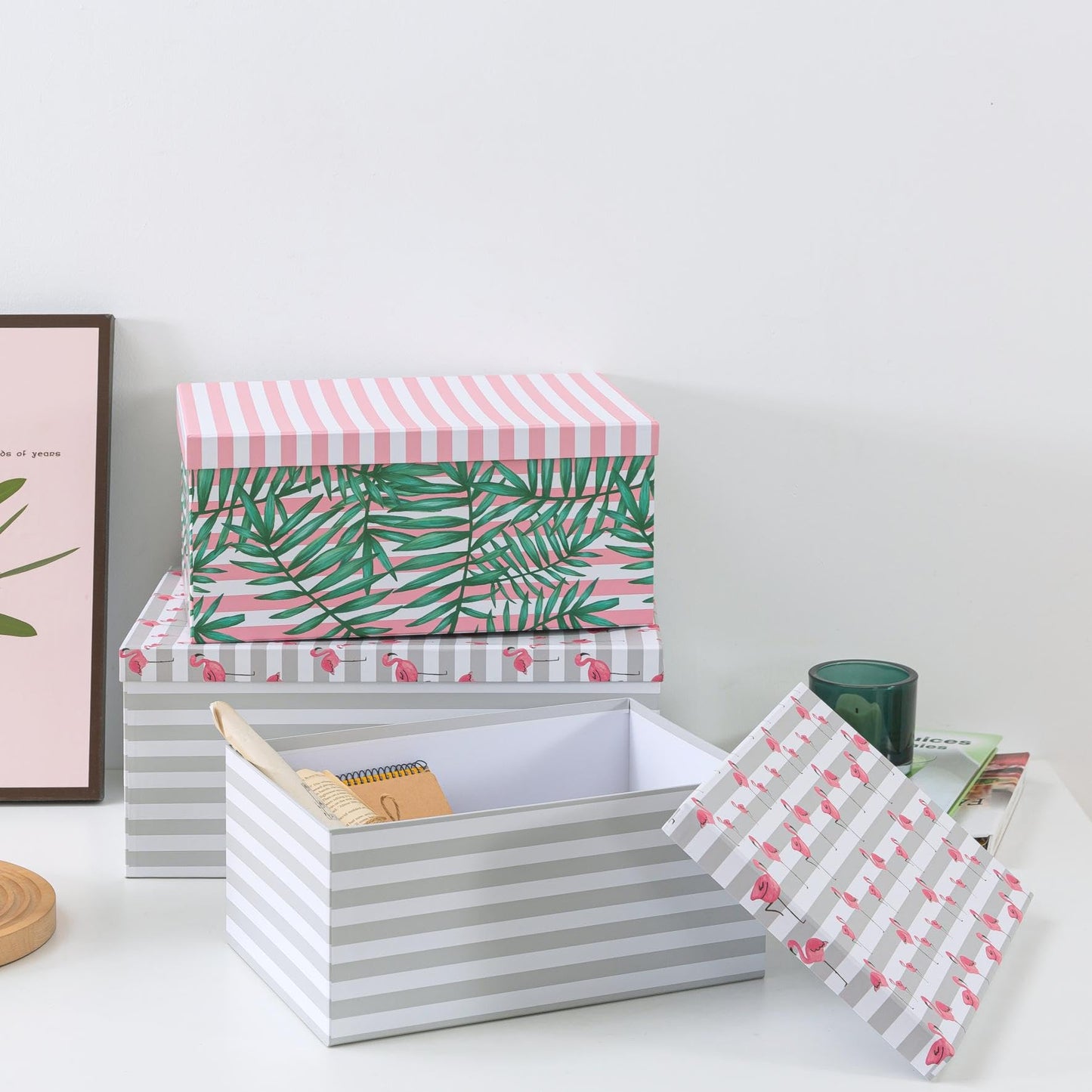 SLPR Decorative Cardboard Storage Boxes With Lids For Home Décor, Set of 3 Pink Flamingo Paperboard Nesting Gift Boxes, Palm Leaves Large Picture and Photo Storage for Keepsakes