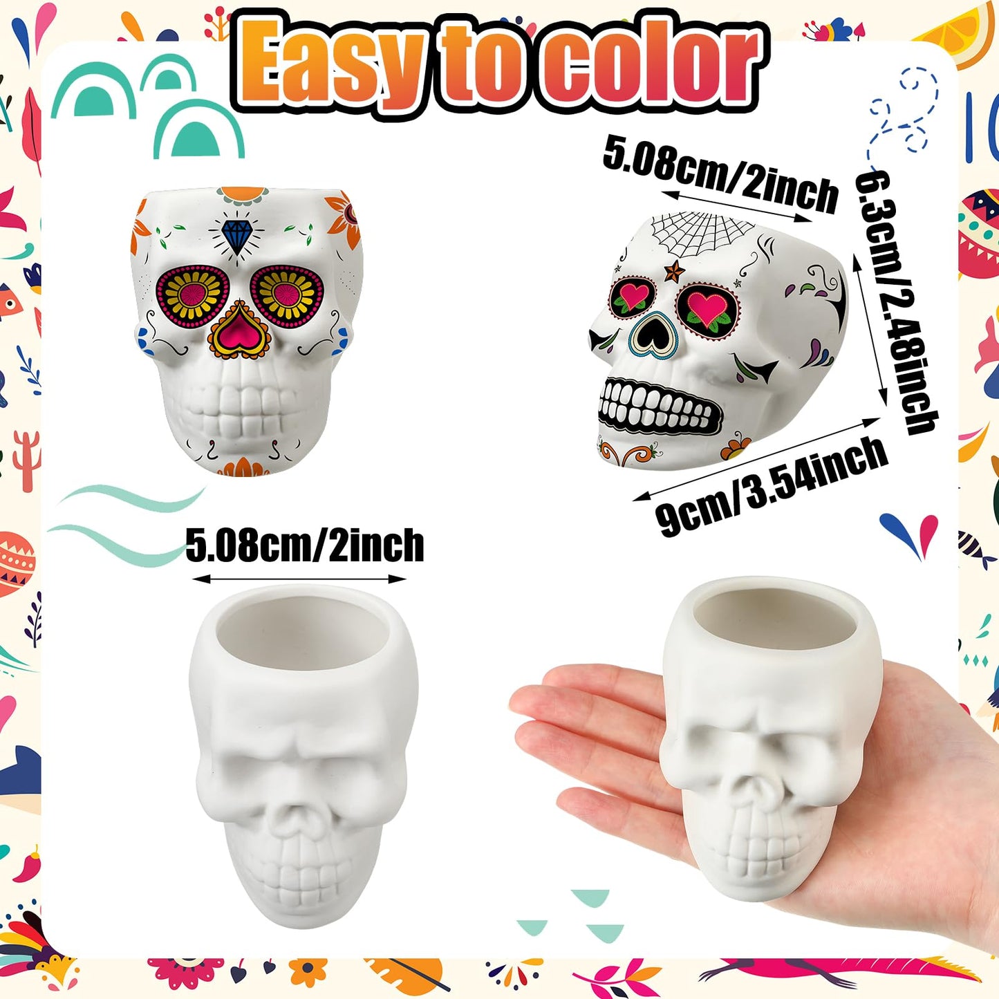 Beeveer 6 Sets Mexican Sugar Skull Crafts for Adults Skulls to Paint Skeleton Planter Paintable Ceramics Classroom Paintable Plant Pots to Paint for DIY Project Activity Decor