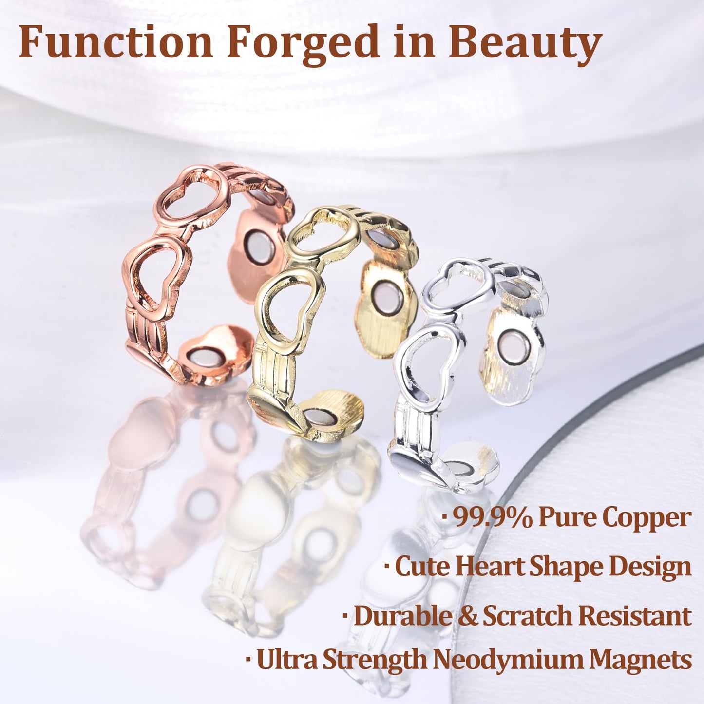 BioMag 3Pcs Copper Rings for Women, 99.99% Pure Copper Magnetic Lymphatic Drainage Rings Thumb Rings with Magnets, Adjustable Jewelry Gift with Box