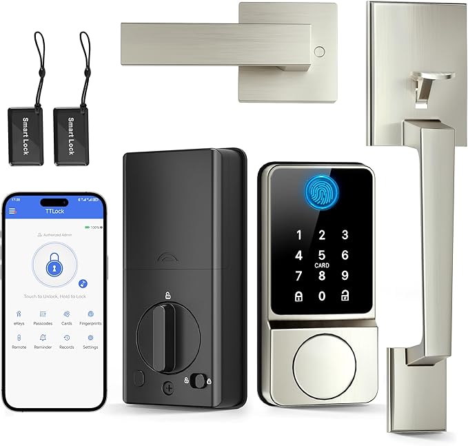 Keyless Entry Door Lock with Handle, APP Control Smart Front Set, Keypad Door with Handle, Keypad Deadbolt Auto Lock, Easy to Install, Bluetooth, Satin Nickel