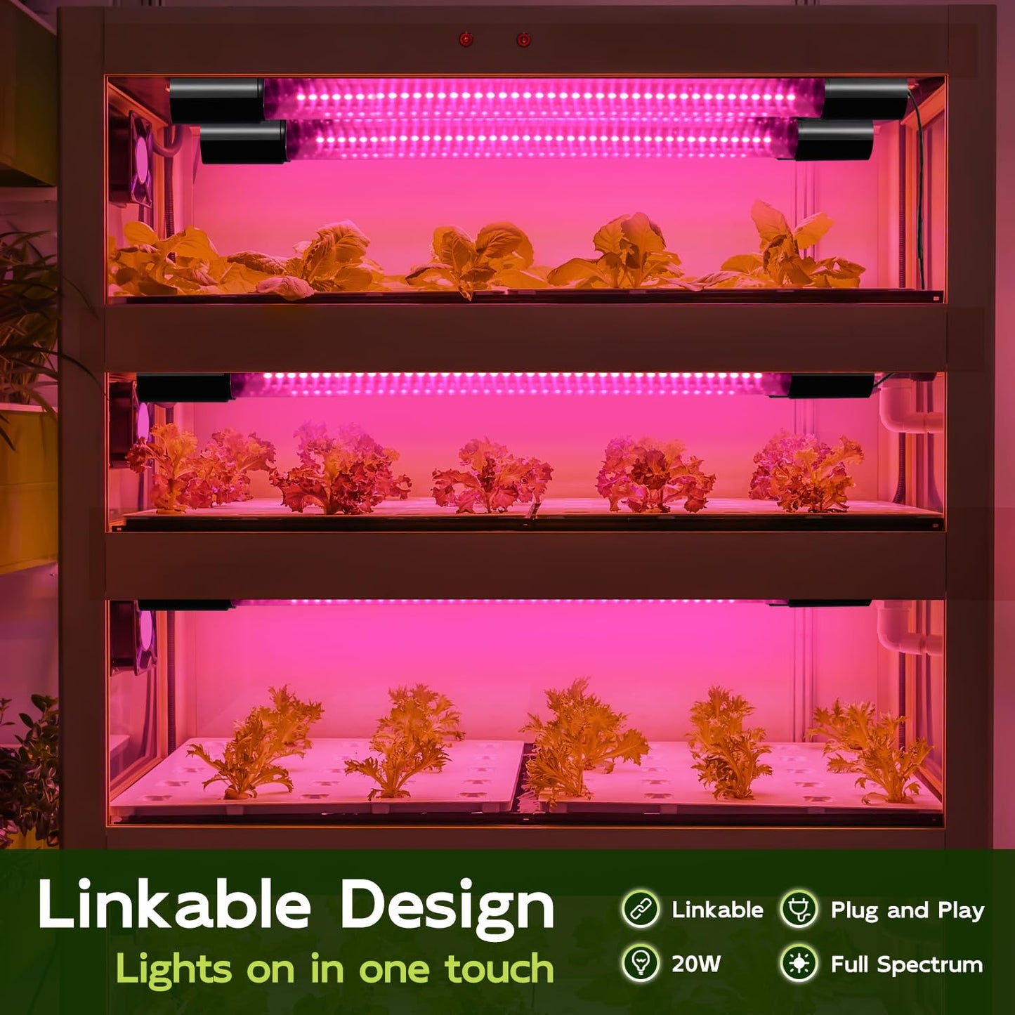 Hlite 16inch 4 Pack LED Grow Lights - Linkable Grow Lights for Indoor Plants, Full Spectrum Plant Lights Plug and Hanging Design with On/Off Switch Hanging Grow Light from seedling to Flowering, Black