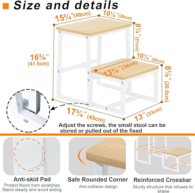 Step Stool for Adults,Holds up to 500Lb,3 in1 Heavy Duty Sturdy Two Step Stool for Kichen/Bathroom/High beds, Wooden&Metal Frame, Non-Slip Pads