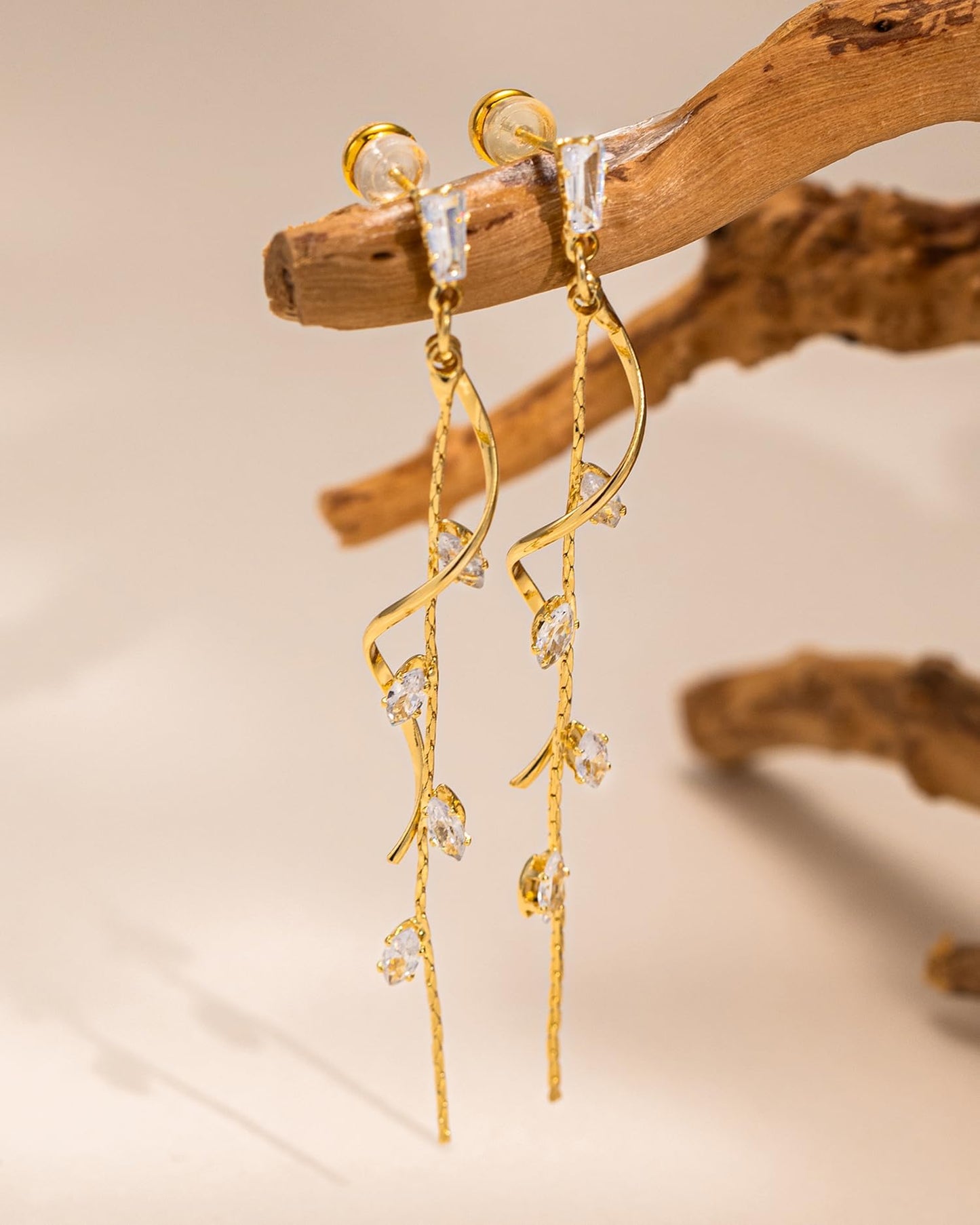 PRTGL Dangle Earrings - 14K Gold Plated Twisted Curve Long Dangle Earrings for Women with Cubic Zirconia