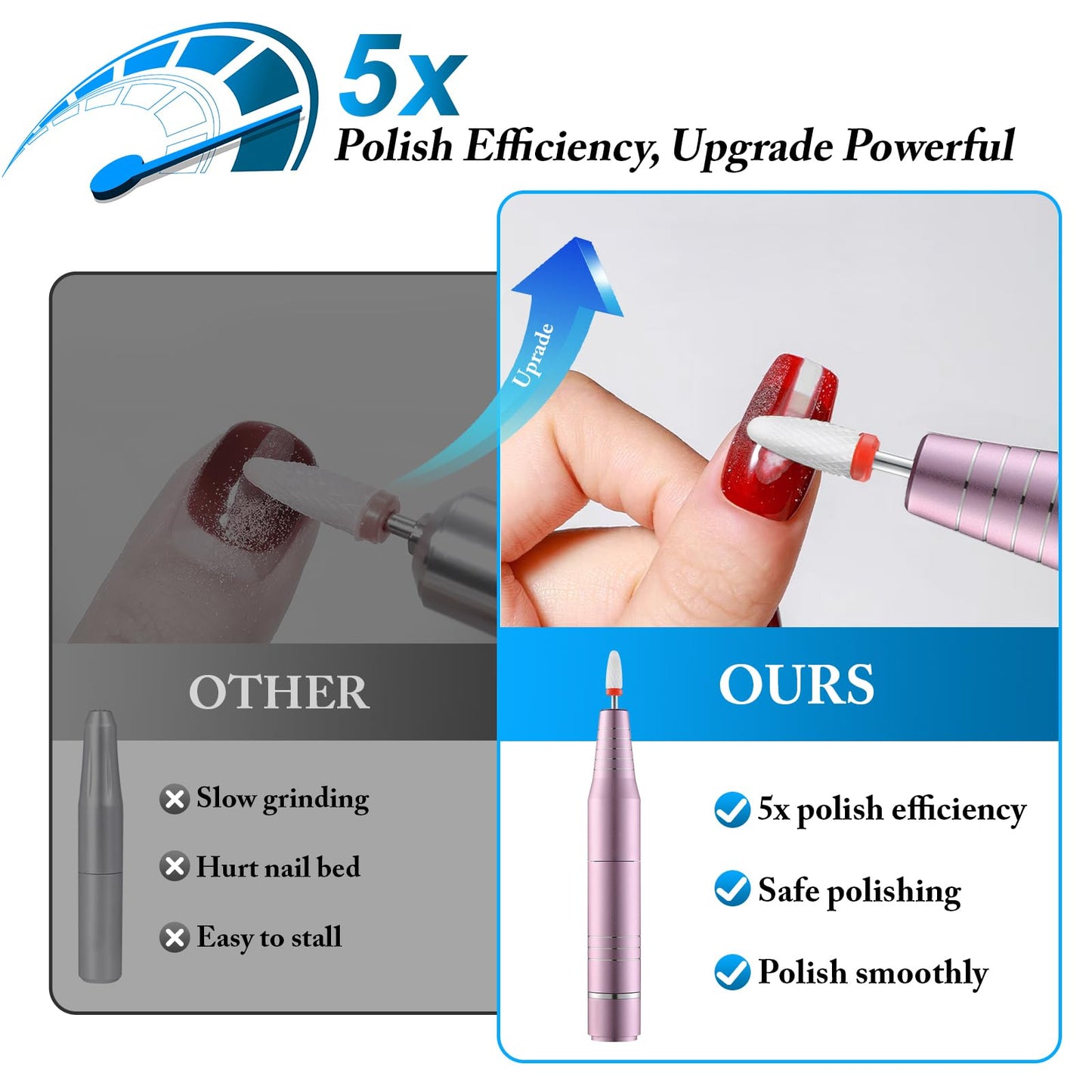 QPVZX Electric Nail Drill for Acrylic and Gel Nails, Low Vibration Ultra Quiet Portable E File Machine for Home Manicure and Pedicure, Nail Kit with Bits and Sanding Bands(Pink Set)