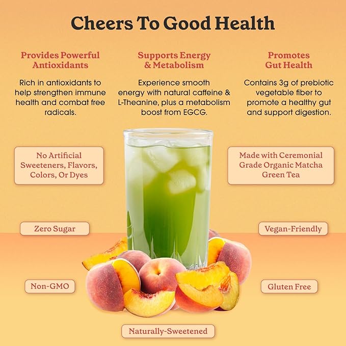 Fit & Lean Matcha Amore Iced Tea, Organic Ceremonial Grade Matcha Green Tea, Prebiotic Fiber, L-Theanine, Naturally Sweetened, NON-GMO, 0 Sugar, Peach Iced Tea, 10 Stick Packs