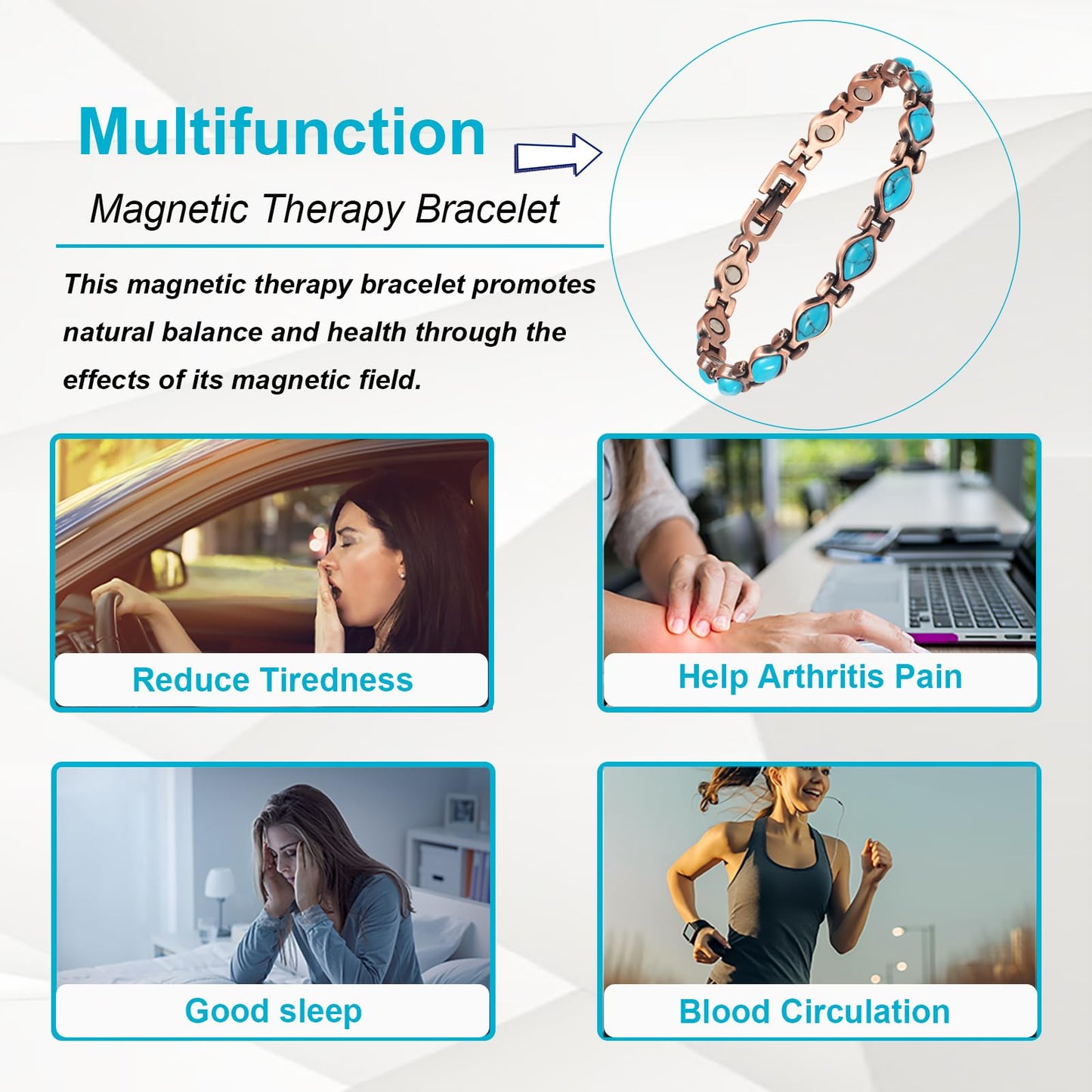 EnerMagiX Copper Bracelets for Women, Pure Copper Turquoise Adjustable Magnetic Bracelets, Copper Jewelry（0166）