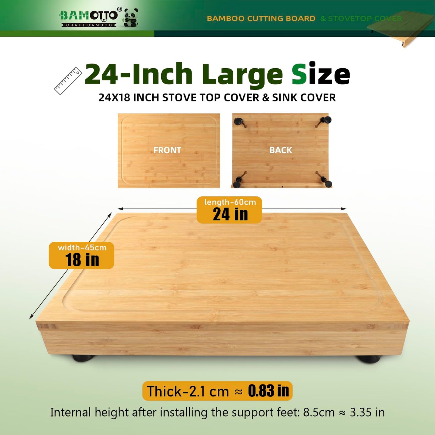 BAMOTTO CRAFTBAMBOO 24 x 18 Inch Large Bamboo Cutting Board and Stovetop Cover, Over-the-Sink Board with Detachable Support Legs & Secure Front Lip, Carving and Pasta Board