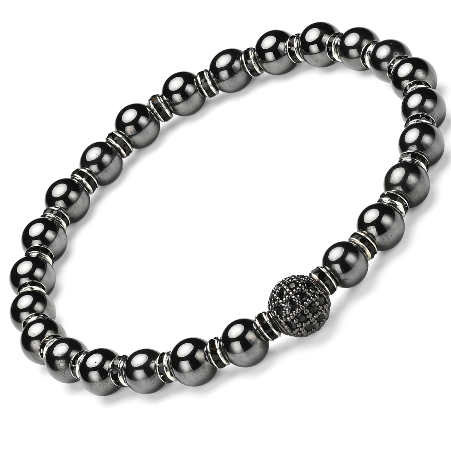 Apocalyptic-K Women's Magnetic Bracelet，Hematite Bracelets，Magnetic Bracelets With Zirconia,Handmade Stretch Bracelet，Eliminates static electricity. (6MM Black&8MM Zirconia)