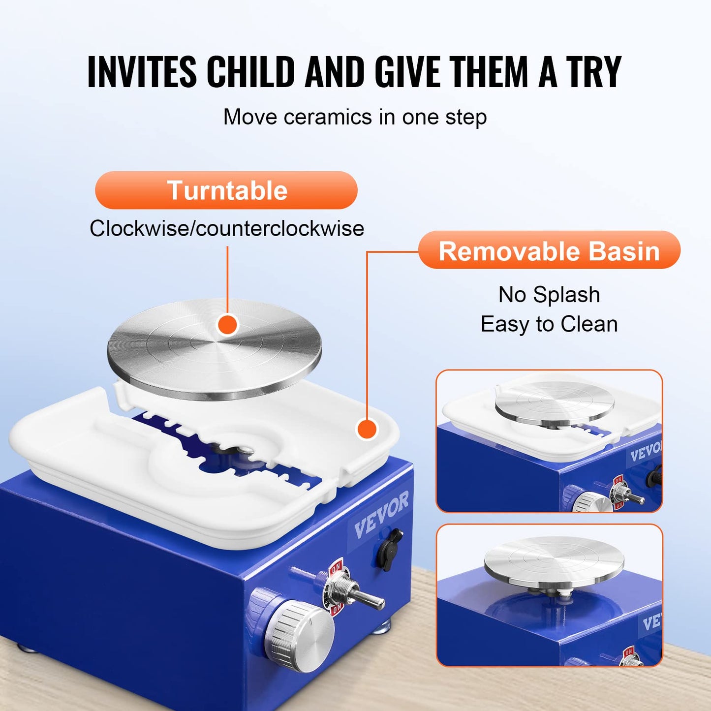VEVOR Mini Pottery Wheel for Kids and Beginners, Complete Pottery Kit with 2 Turntables 2.6in/3.9in and 17 Accessories Tools, 0-300RPM Speed Adjustable, Craft Christmas Gifts for Kids Teens Adults