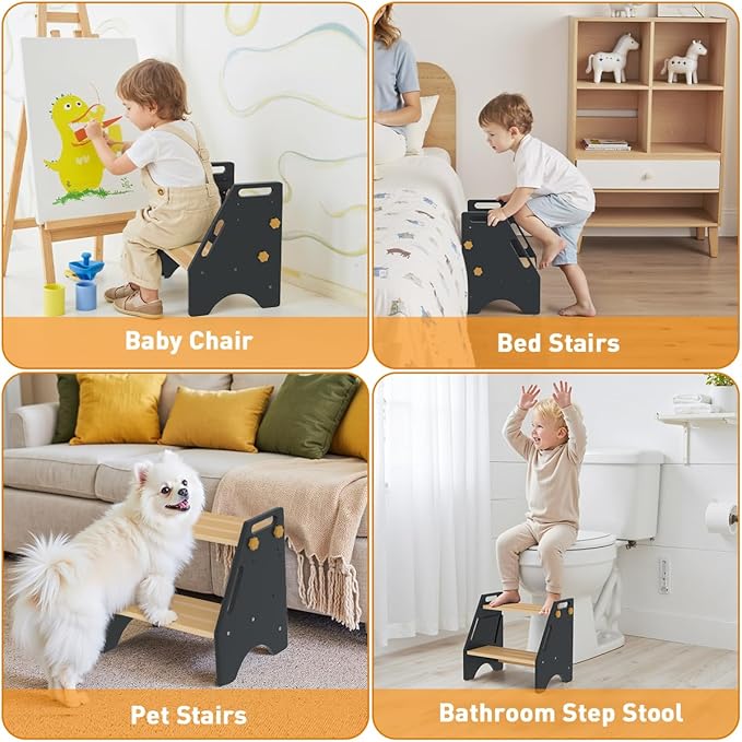 Toddler Step Stool, Wooden Height-Adjustable 2 Step Stool for Kids, 2 in 1 Potty Training Stool with Safety Handles Non-Slip Pads for Bathroom Sink, Kitchen, Bedroom (Grey)