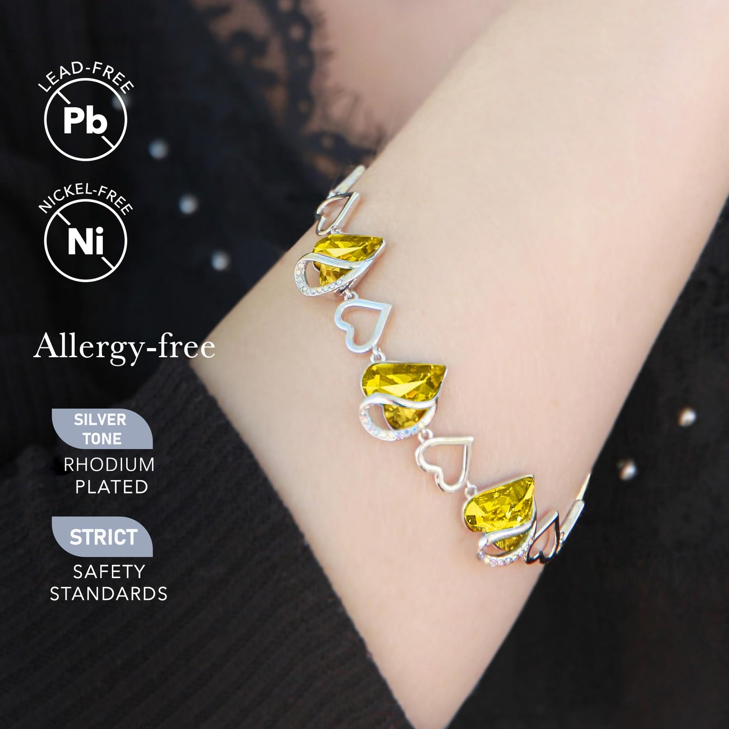 Leafael Infinity Love Heart Gift Bracelet for Women, November Birthstone Crystal, Citrine Yellow, Silver Tone, 7-inch Chain and 2-inch Extender