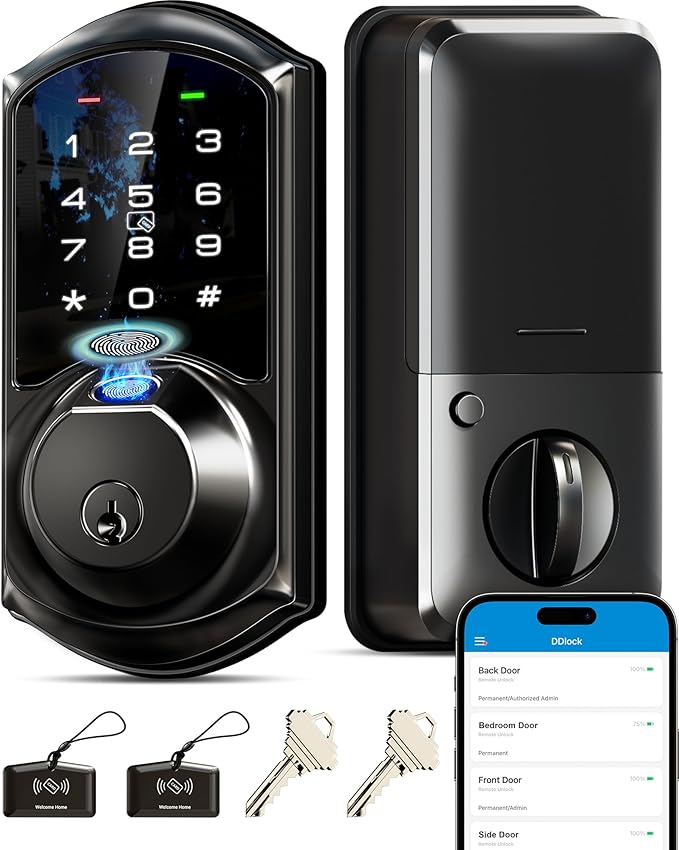 Veise VE07 Fingerprint Smart Door Lock, 7-in-1 Keyless Entry Deadbolt with App Control, Electronic Digital Touchscreen Keypad, Biometric Smart Locks for Front Door, Auto Lock, Matte Black