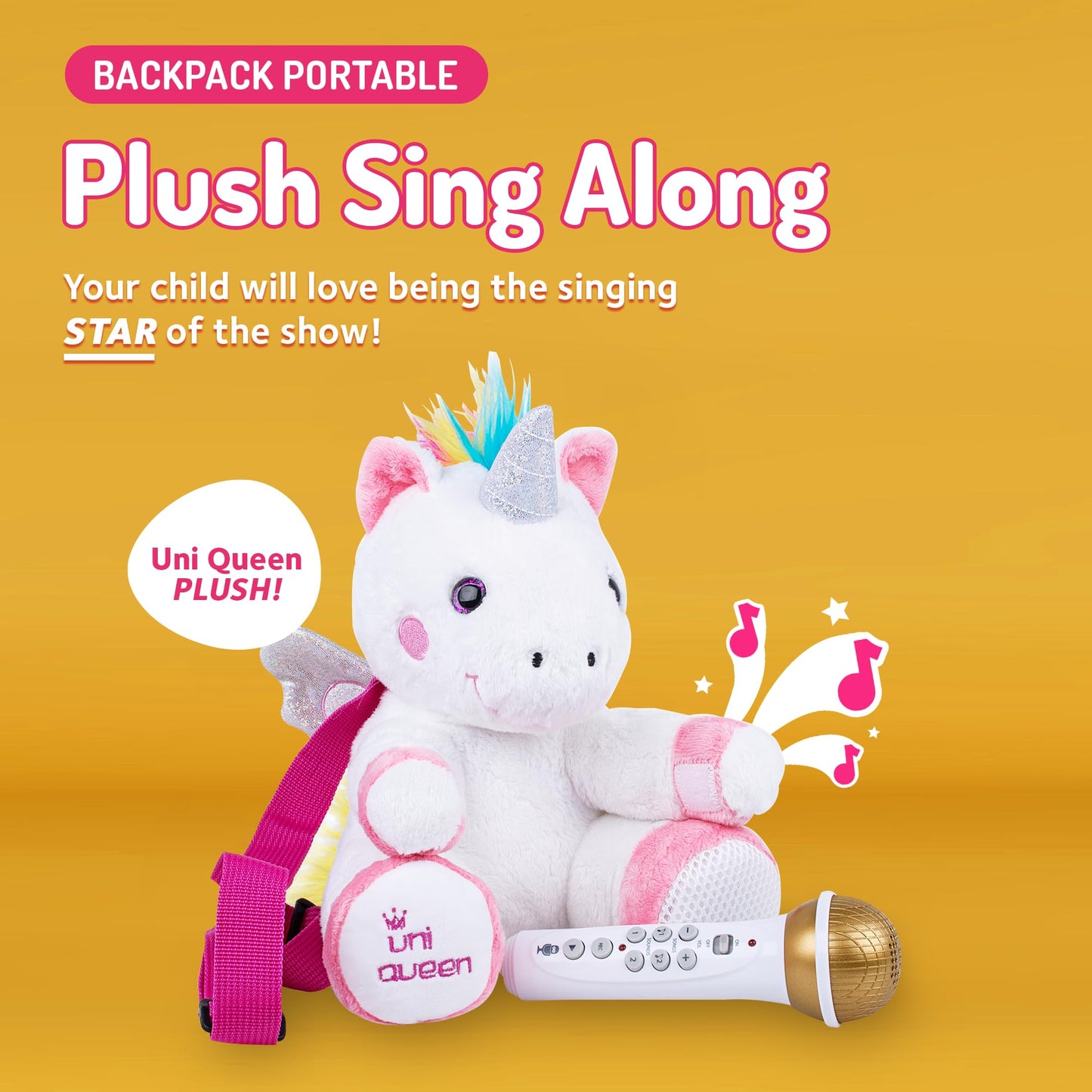 Singing Machine Portable Karaoke Machine for Kids, Plush Toy Backpack with Microphone - The Sing Along Crew, Uni Queen (White & Pink) - Built-In Karaoke Speaker with Songs, Sound Effects, & Recorder