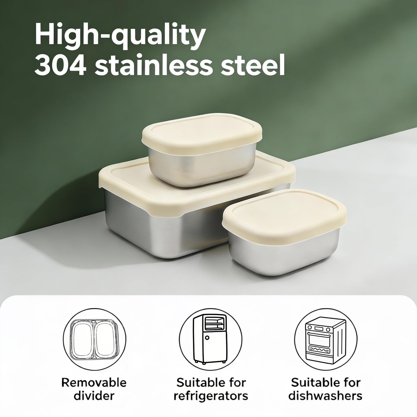 Koocovel Leak Proof Stainless Steel Bento Box Set - 3-Piece, Metal Lunch Box with Silicone Lid, Dishwasher Safe, Stainless Steel Lunch Box Containers for Home, Office, Camping (1 x 34 oz + 2 x 8.8 oz)