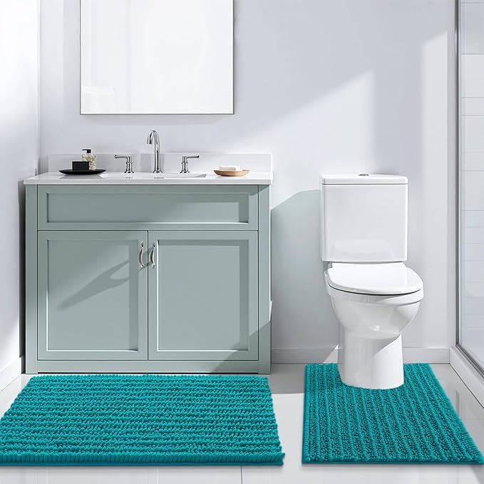 Arotive Luxury Chenille Bathroom Rug Mat, Extra Soft Thick Absorbent Shaggy Bath Rugs, Non-Slip Machine Wash Dry, Plush Bath Mats for Bathroom, Shower and Tub, 24x16, Lake Blue
