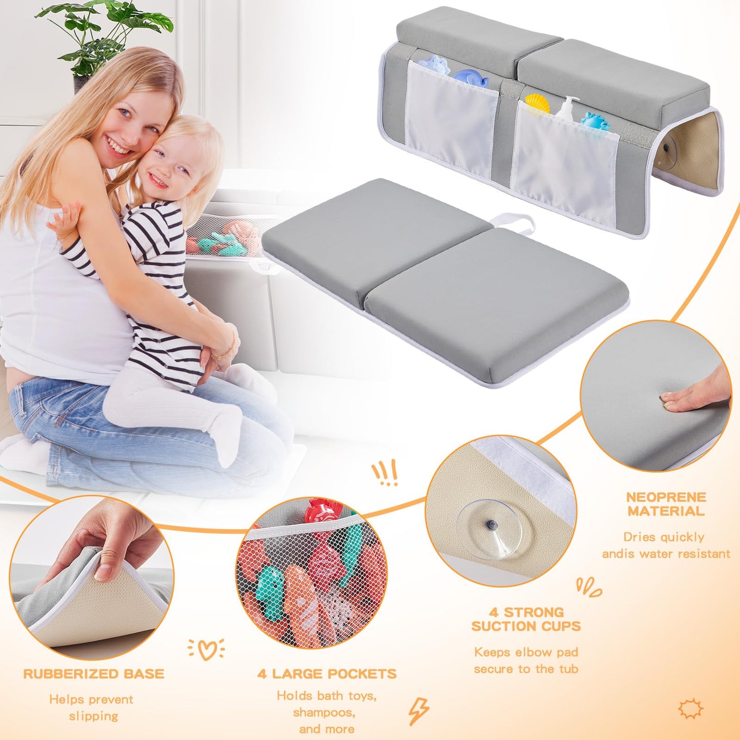 ILPEOD Bath Kneeler and Elbow Rest Pad Set, Thick Soft Quick Dry Bathtub Mat for Baby Bathing Time, Memory Foam With Toys Organizer, Gifts for Parents, Grey