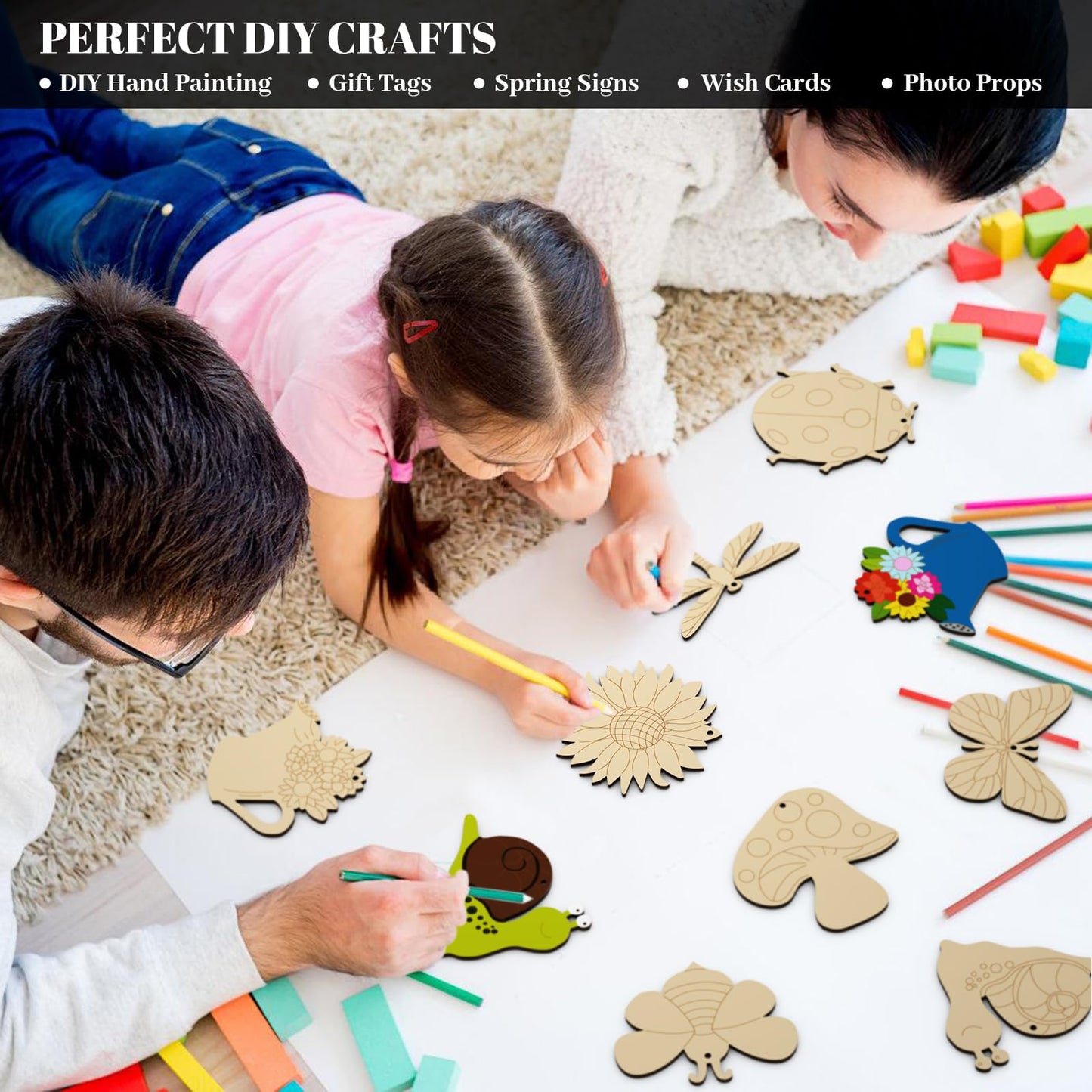 Subacy 80 PCS Unfinished Wood Cutouts 8 Styles DIY Wooden Spring Ornaments, Wooden Art Craft Painting Kit for Kids, Birthday Easter Creativity Arts & Crafts, Spring Themed Shape