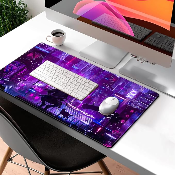 Anime Neon Mouse Pad Purple City Gaming Desk Big Cute Kawaii Pink Extended Mouse Pad Gaming,Office Keyboard Pc Laptop Mousepad Large 31.5x15.7 in-with Stitched Eges Non-Slip Base Mouse Pads Mat