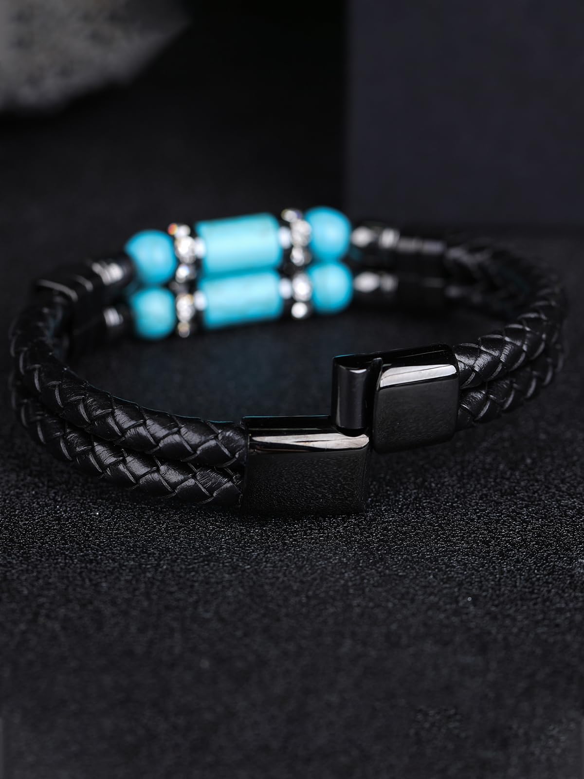 Mrcaois Leather Bracelet Tiger Eye Stone Braided Woven Multi‑Layer Wristband Cuff Bracelets Steel Clasp Bangle for Men Gifts