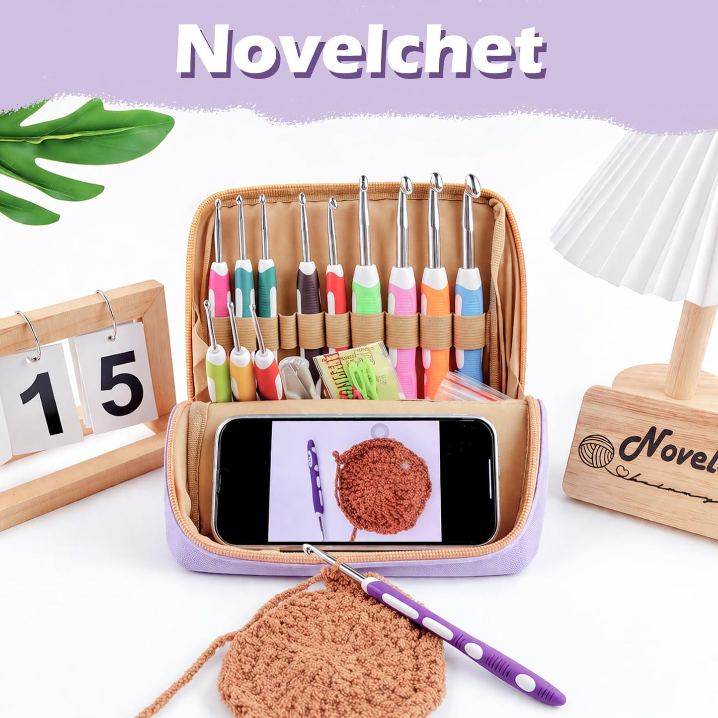 Novelchet Ergonomic Crochet Hooks Set, 13 Sizes Crochet Needles for Beginners with Case 2mm(B)-10mm(N) Purple