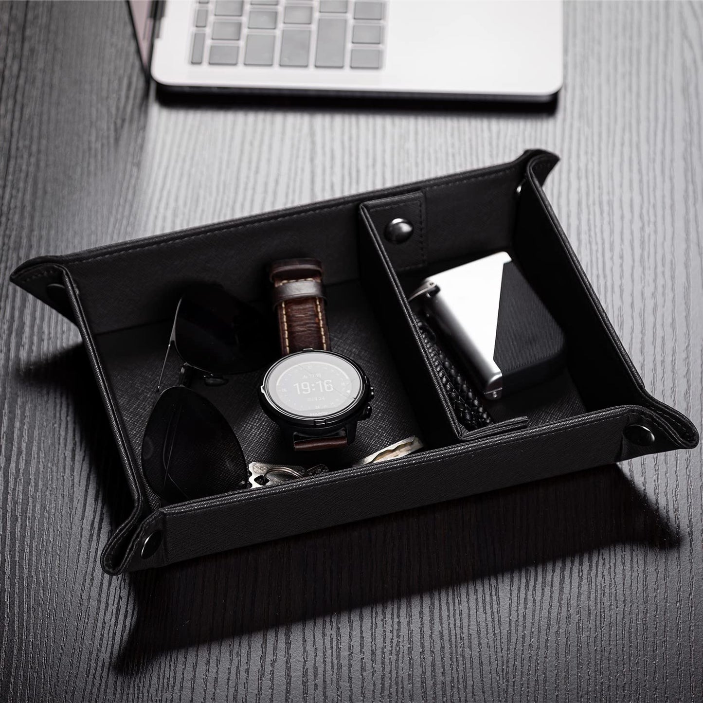BONNY DODO Valet Tray for Men PU Leather Tray Organizer with Partition, Storage Keys, Watch & Practical Storage for Table Nightstand Living Room Bedroom (Black)