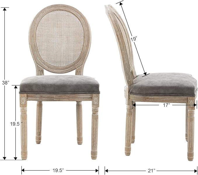Farmhouse Leather Dining Room Chairs Set of 2 French Dining Chairs with Round Rattan Back French Bistro Chairs for Dining Room/Living Room/Kitchen/Restaurant, Grey