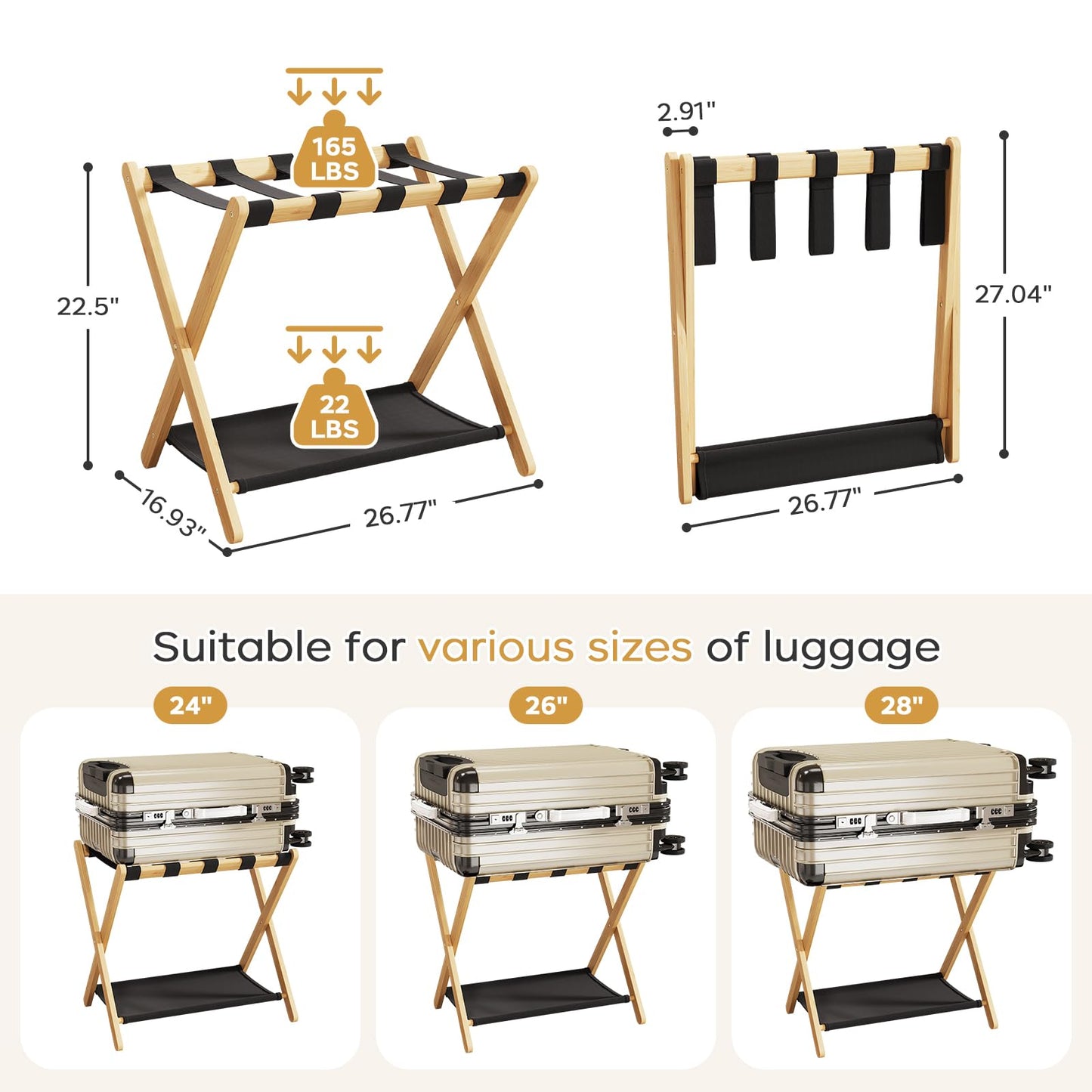 oakvivo Fully Assembled Luggage Racks Pack of 2, Bamboo Natural Foldable Luggage Rack for Guest Room, Suitcase Stand with Fabric Storage Shelf for Hotel, 5 Nylon Straps, 26.77" W x 16.93" D x 22.5" H