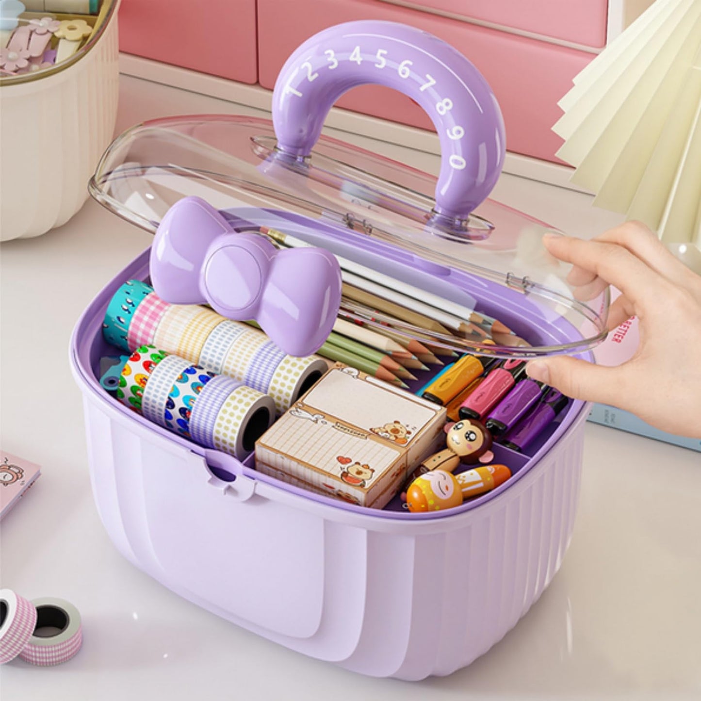 Noamus 10" Multipurpose Storage Box with Removable Tray, 2 Layer Cute Hair Accessories Organizer, Clear Plastic Folding Craft Case for Headbands, Sewing, Clips Ties Supplies, Purple