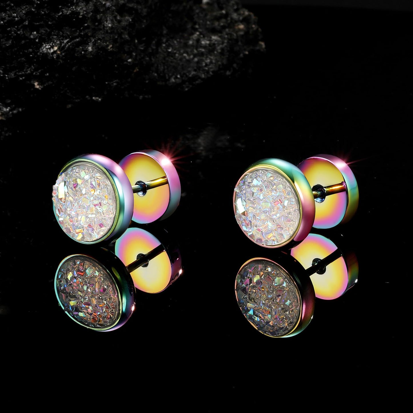 VOLUKA Crystal Stone Stud Earrings Flat Back Titanium Stainless Steel Hypoallergenic Cartilage Earrings Stud for Sensitive Ears Women Men(White-Rainbow)