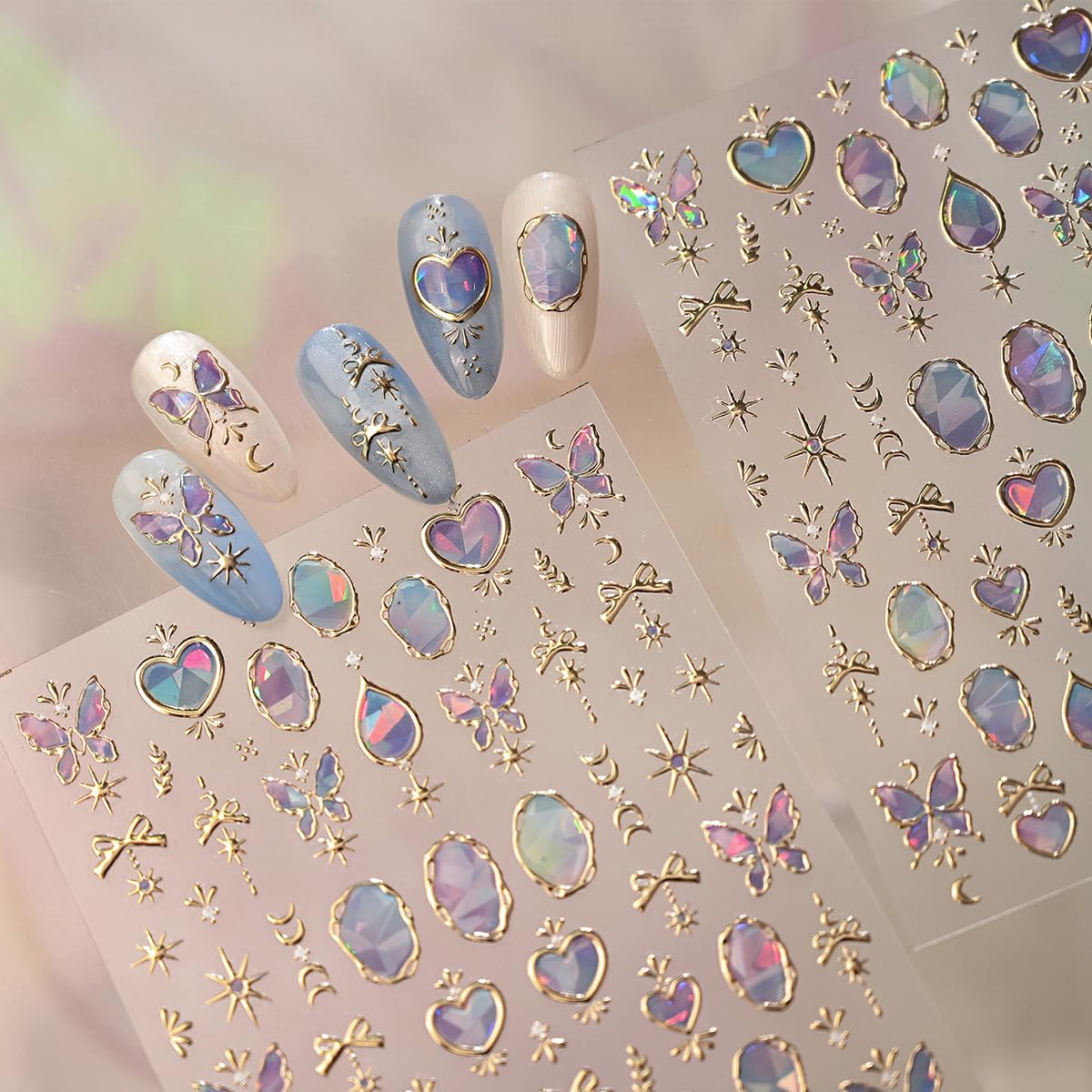 5D Embossed Gold Butterfly Heart Nail Stickers, Holographic Gem Nail Decals, Shiny Celestial Nail Art Supplies for Women Nails Decorations